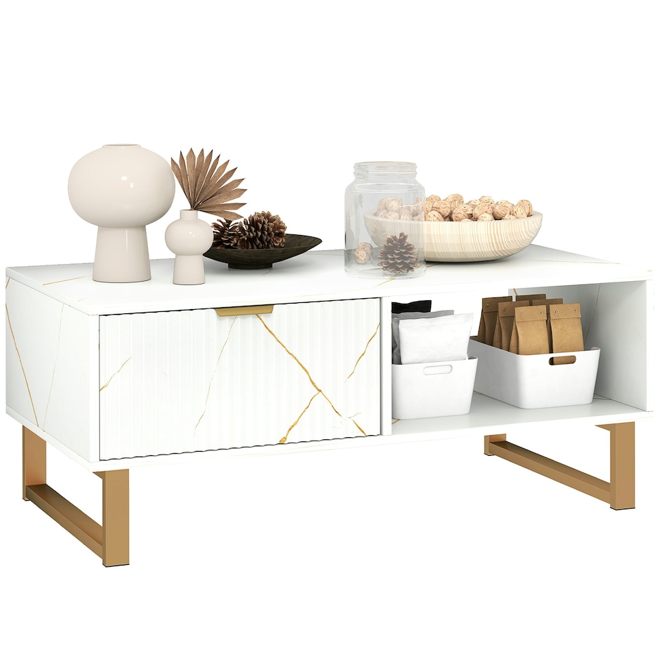 image 1 of HOMCOM Marble-Effect Coffee Table with Storage, Living Room Table with Drawer and 2 Open Shelves, Modern Centre Table with Fluted Door, Black