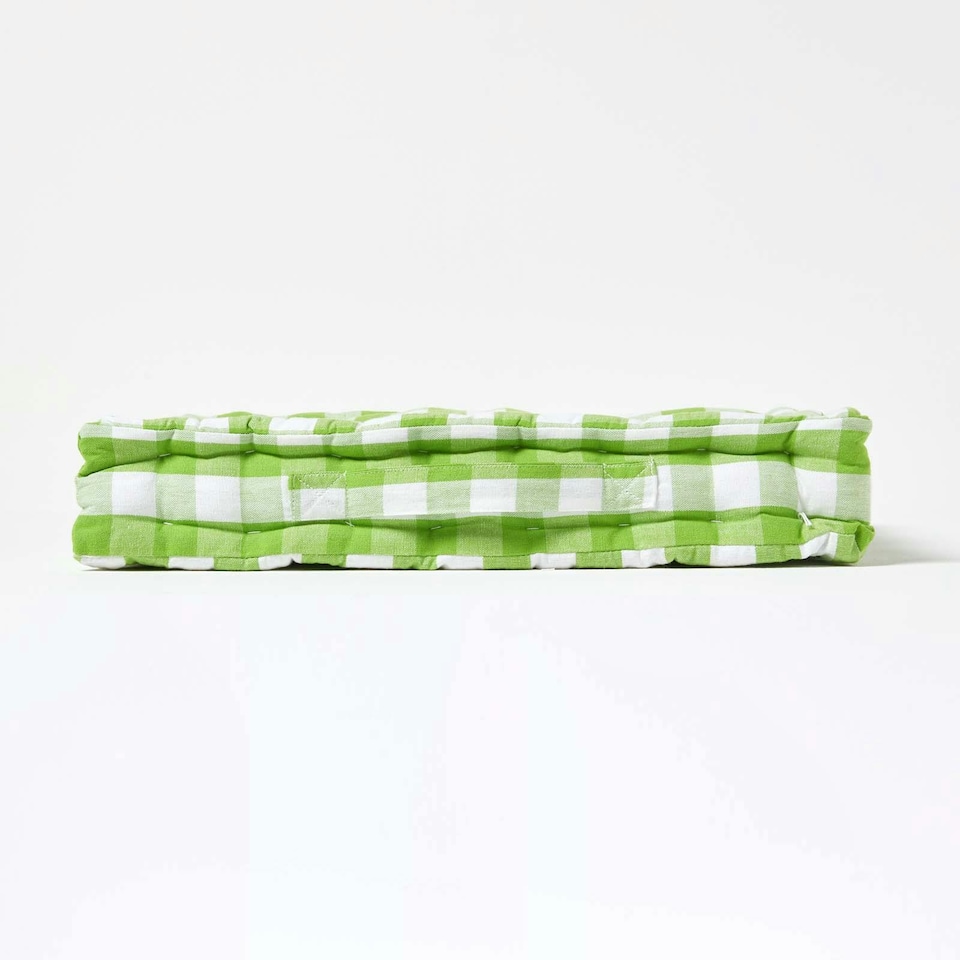 image 1 of Homescapes Green Block Check Cotton Gingham Floor Cushion - 40 x 40 cm | Green | 40 x 40 cm