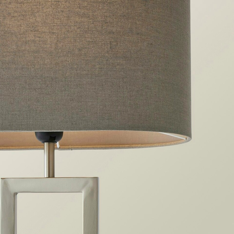 image 1 of ValueLights Katniss Large Silver Chrome Metal Bedside Table Lamp with a Grey Oval Fabric Lampshade - Bulb Included