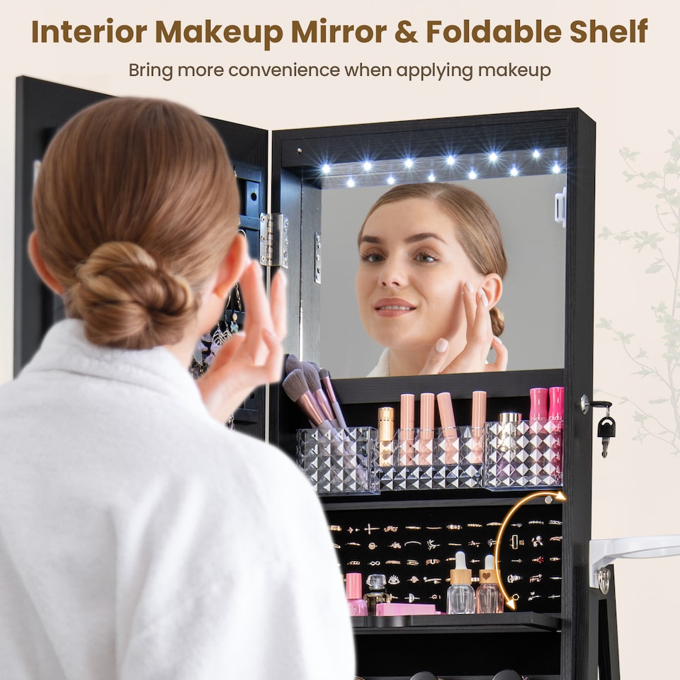 image 1 of COSTWAY 4 iN 1 Swivel Jewelry Cabinet Lockable Jewelry Armoire-Black