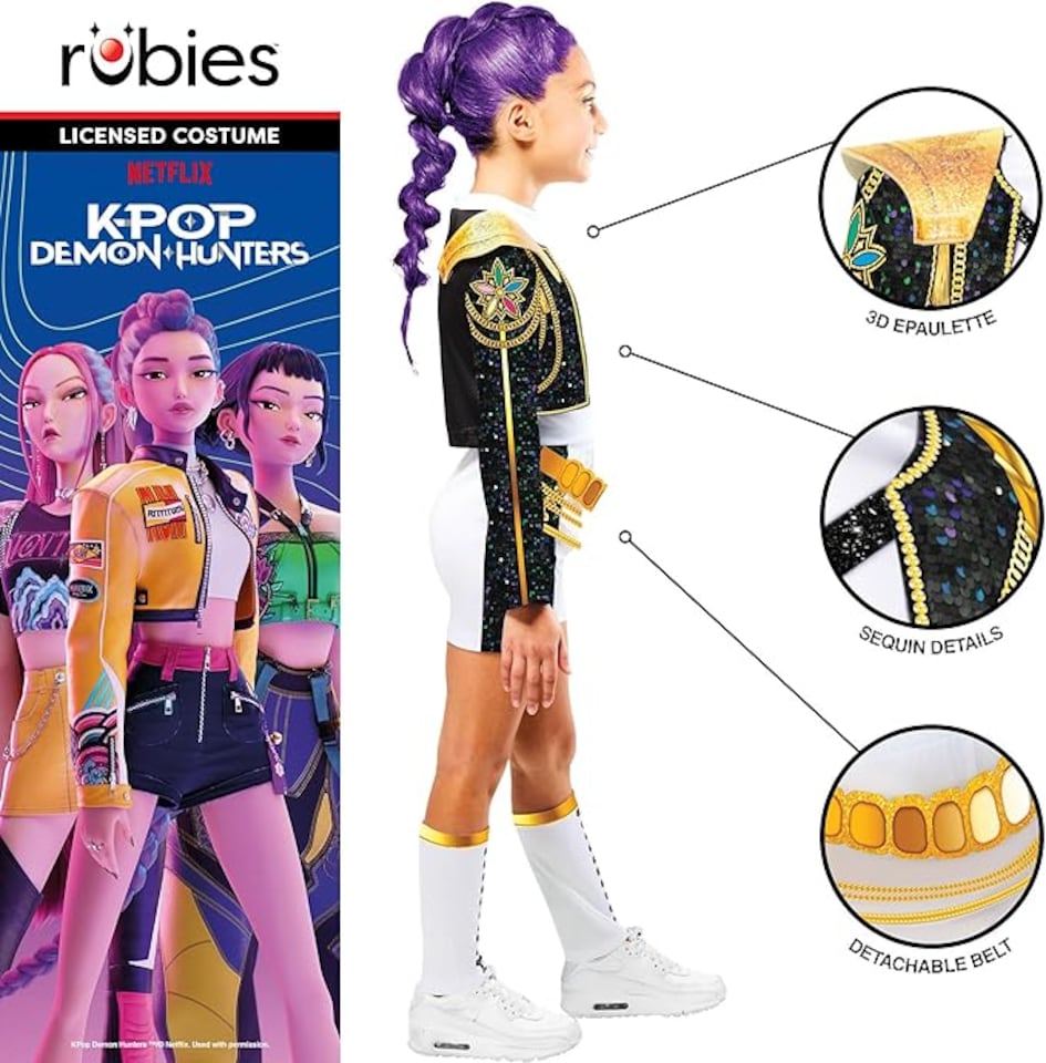 image 1 of Rubie's Official Netflix K-Pop Demon Hunters Deluxe Rumi Costume | Glitter Bolero Jacket, Top, Shorts, Belt & Boot Covers | Girls Fancy Dress | Officially Licensed Golden Child Halloween Costume | Kids Sizes