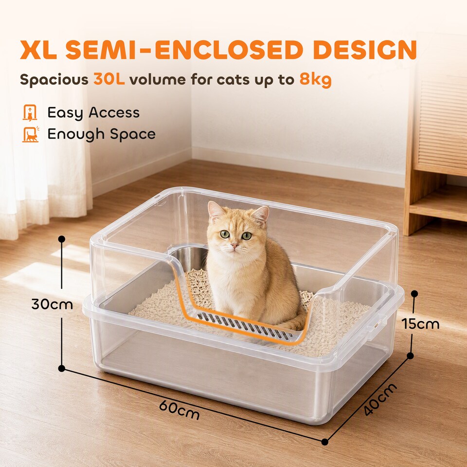 image 1 of PawHut XL Stainless Steel Cat Litter Tray w/ Lid, High Sided Cat Litter Box