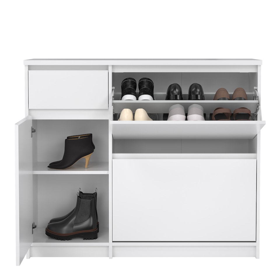 image 1 of Naia Shoe Cabinet with 2 Flip Down Doors 1 Door and 1 Drawer in White High Gloss