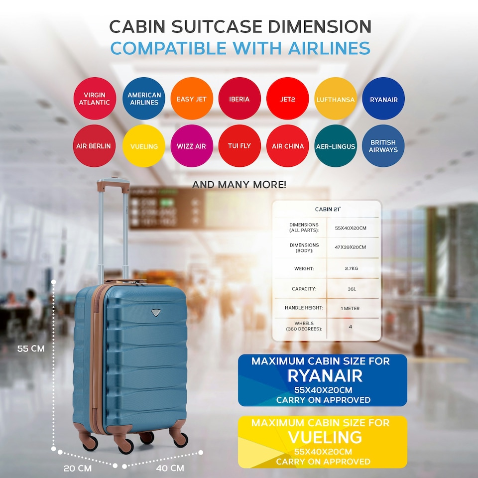 image 1 of 55x40x20cm Ryanair (Priority) TUI, Carry on Cabin Suitcase Hard Shell Approved for 60+ Airlines Blue | Blue/Tan | Cabin Bag