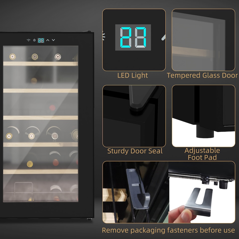 image 1 of HOMCOM 24 Bottle Wine Fridge, 65 Litre Capacity, 43cm Freestanding Wine Cooler Fridge with Glass Door, LED Light, Digital Touch Screen, Temperature Control, Black