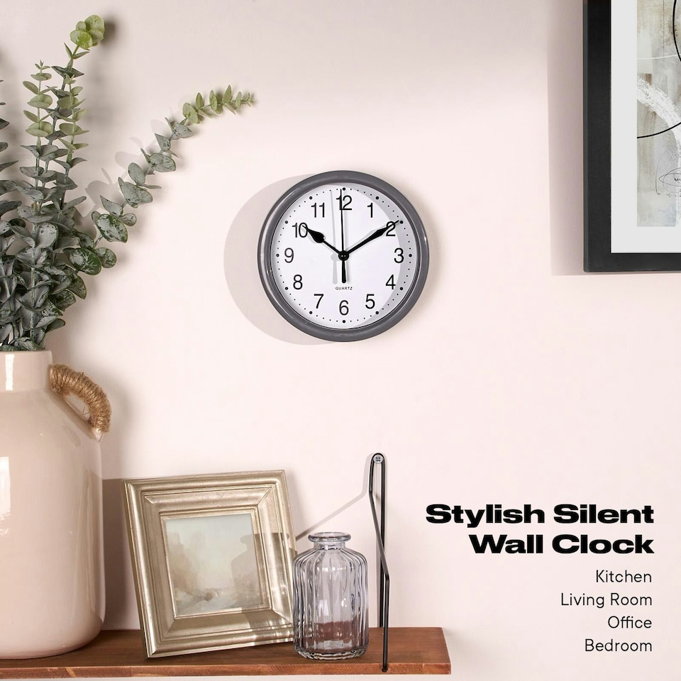 image 1 of OHS Small Round Vintage Decor Home Office Wall Clock, 14cm - Grey