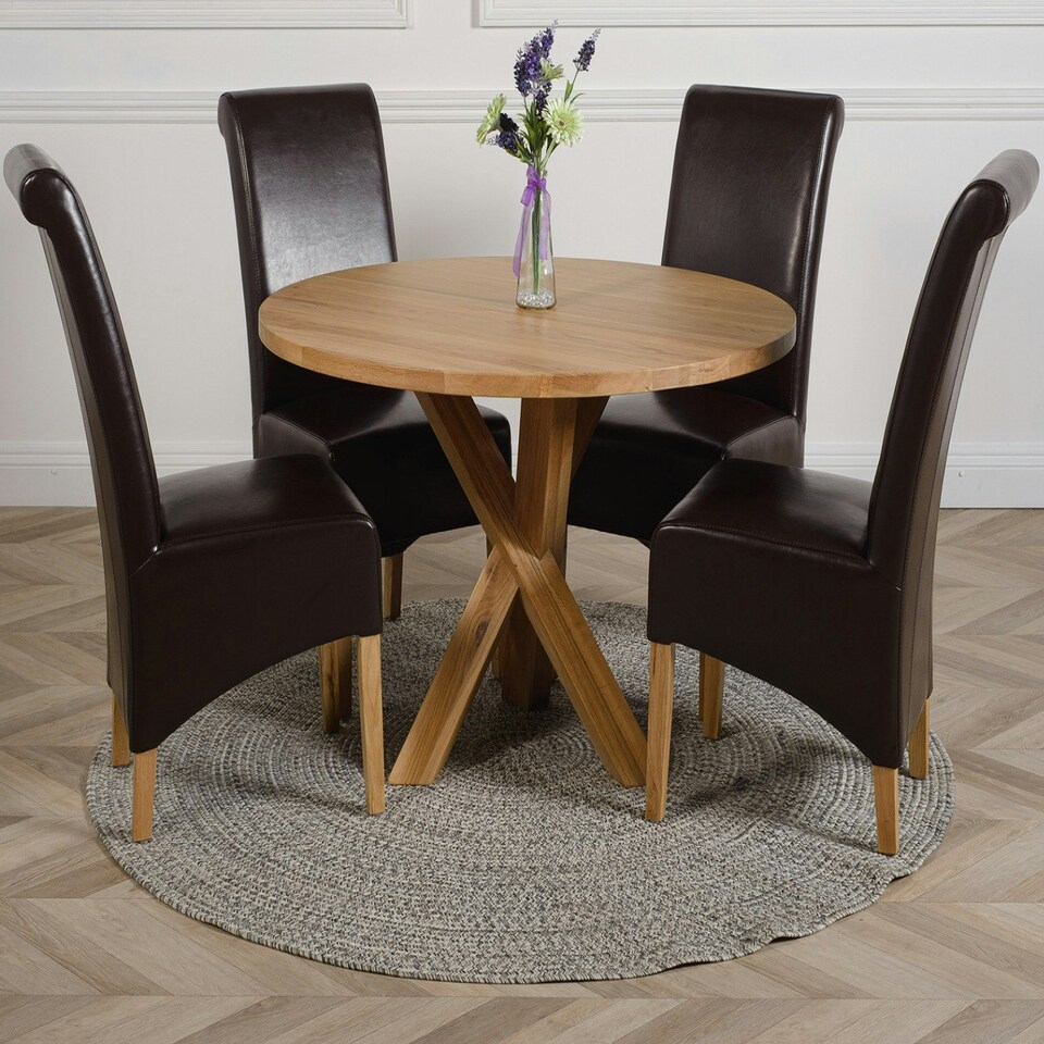 image 1 of Oregon Round Oak Dining Table with Montana Leather Chairs Brown