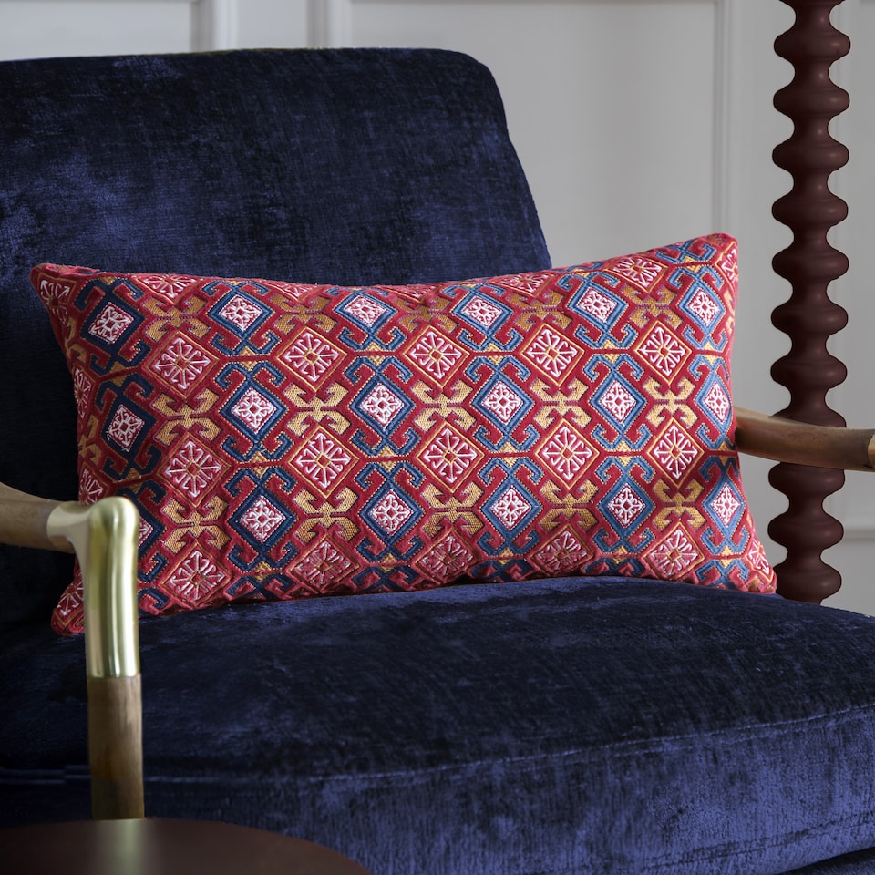 image 1 of Paoletti Embroidered Velvet Cushion, Ruby/Gold, 30 x 60cm