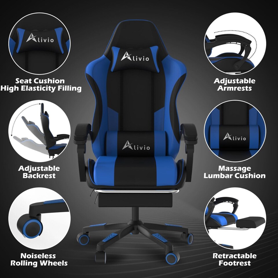 image 1 of Alivio Ergonomic Gaming Chair with Massage Lumbar Cushion & Retractable Footrest, PU Leather Video Game Chair (Blue)