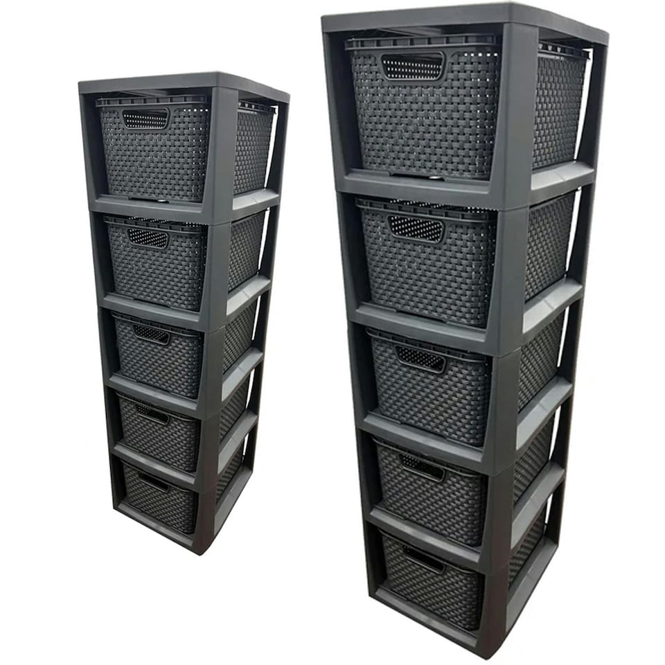 image 1 of 5 Drawer Large Spacious Rattan Effect Grey Home Office Modular Storage Tower Unit Grey