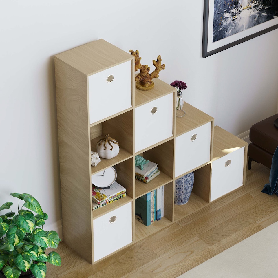 image 1 of Vida Designs Durham 10 Cube Storage Unit, Oak & Set of 5 White Cube Storage Baskets