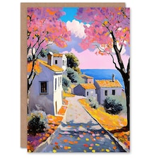 French Coastal Village With Cherry Blossoms Trees Birthday Greeting Card