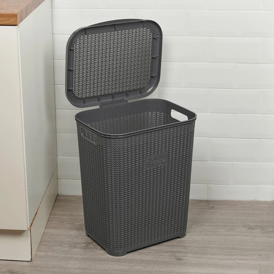 image 1 of 45L Plastic Laundry Basket Dirty Clothes Washing Storage Hamper with Handles & Lid | Grey | Grey