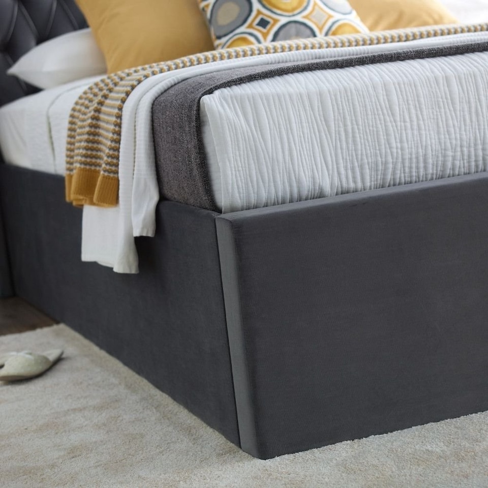 image 1 of 5ft King Size Velvet grey ottoman fabric upholstered buttoned storage gas lift up bed frame. Front lift up underbed storeage bed frame