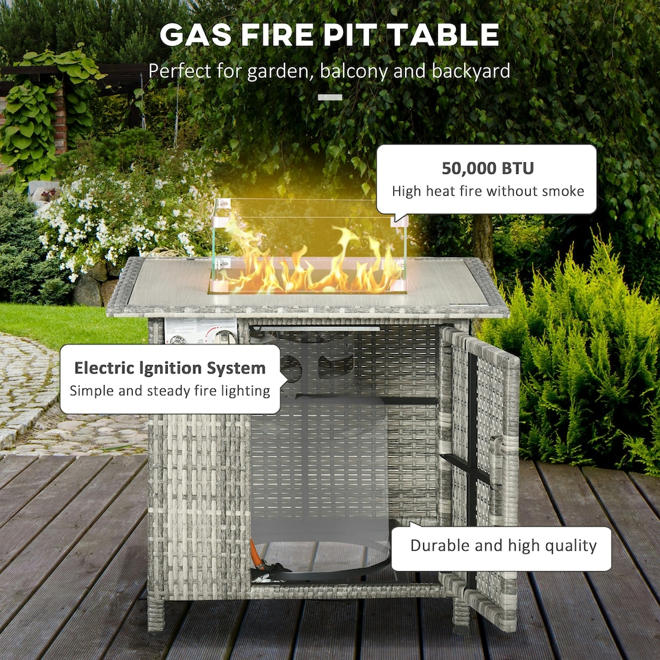 image 1 of Outsunny Gas Fire Pit Table w/ Rain Cover, Windscreen & Lava Stone, 50,000 BTU