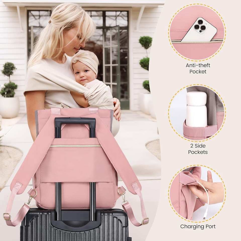 image 1 of LOVEVOOK Nappy Bag Backpack, Nappy Tote Bag with Insulated Pockets,Baby Bag for Girl Boy with Changing Pad,Large Baby Diaper Bag with Pacifier Case,Anti-Theft Travel Backpack for Women,Pink-Gray
