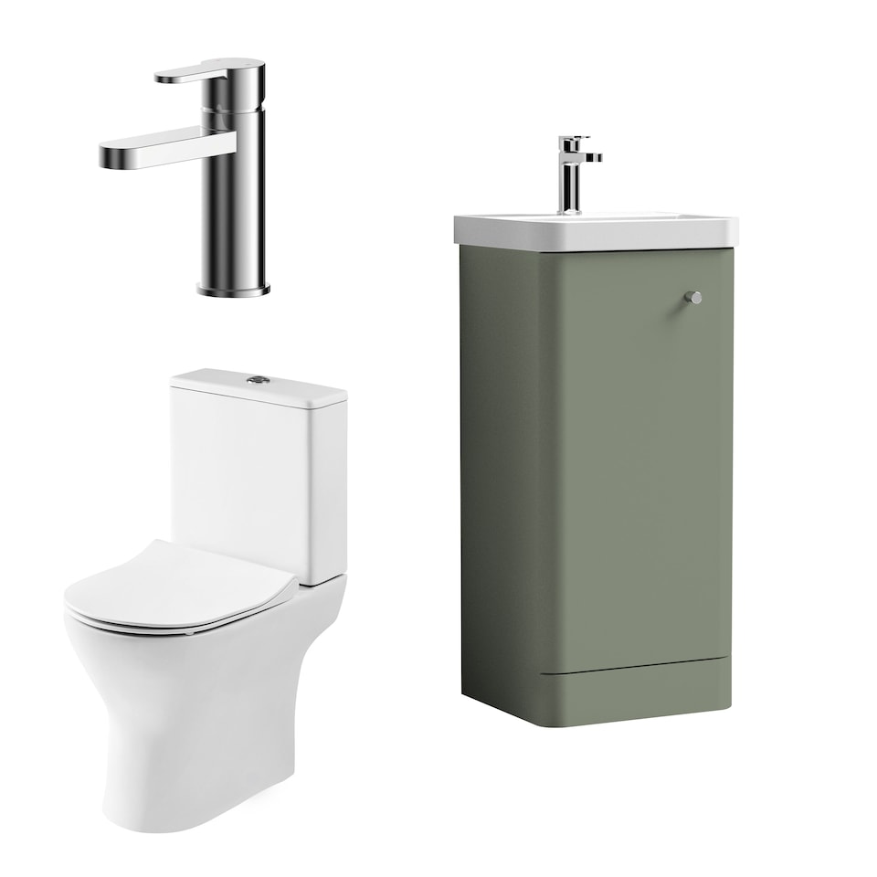 image 1 of Balterley Contemporary Floor Standing 1 Door Bathroom Vanity Unit, Basin, Tap & Toilet Pack | Green | Satin Green | 814 x 379 x 342mm