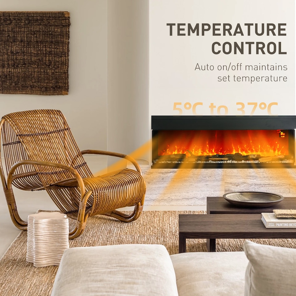 image 1 of HOMCOM 60152cm 3-Sided Electric Fireplace Wall Mounted, Recessed, Insert, Freestanding, Glass Electric Fire with 7 Adjustable LED Flame Effect, Log, Crystal, Remote Control, 1800W, Black