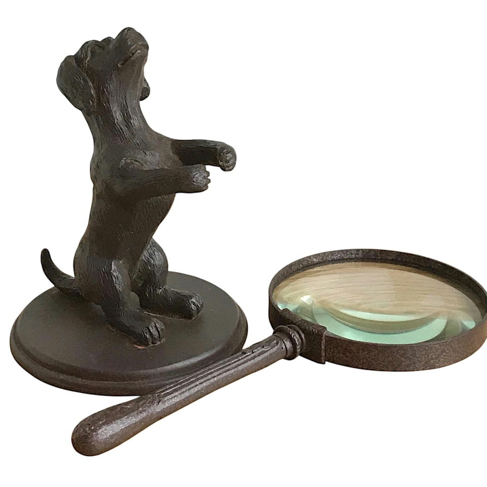 image 1 of Bronze Effect Dog Holding Magnifying Glass Figurine