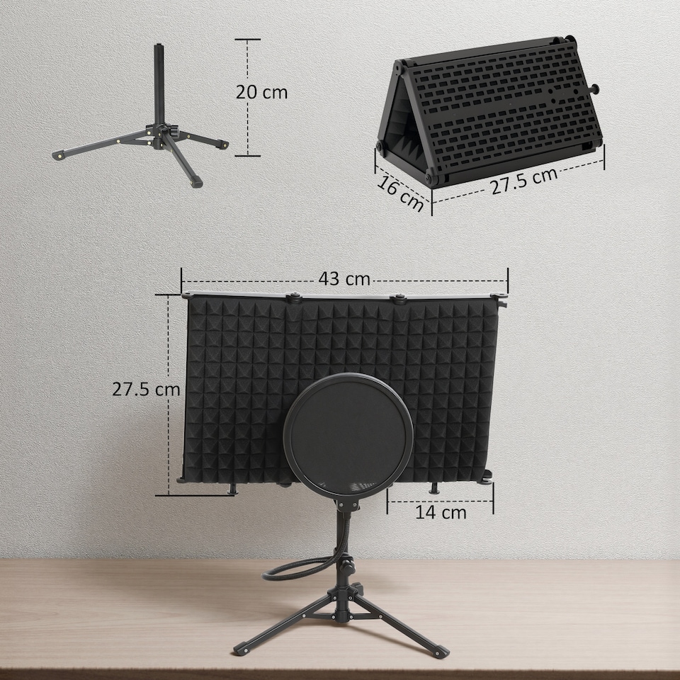 image 1 of HOMCOM Studio Microphone Isolation Shield with Pop Filter & Stand, Black
