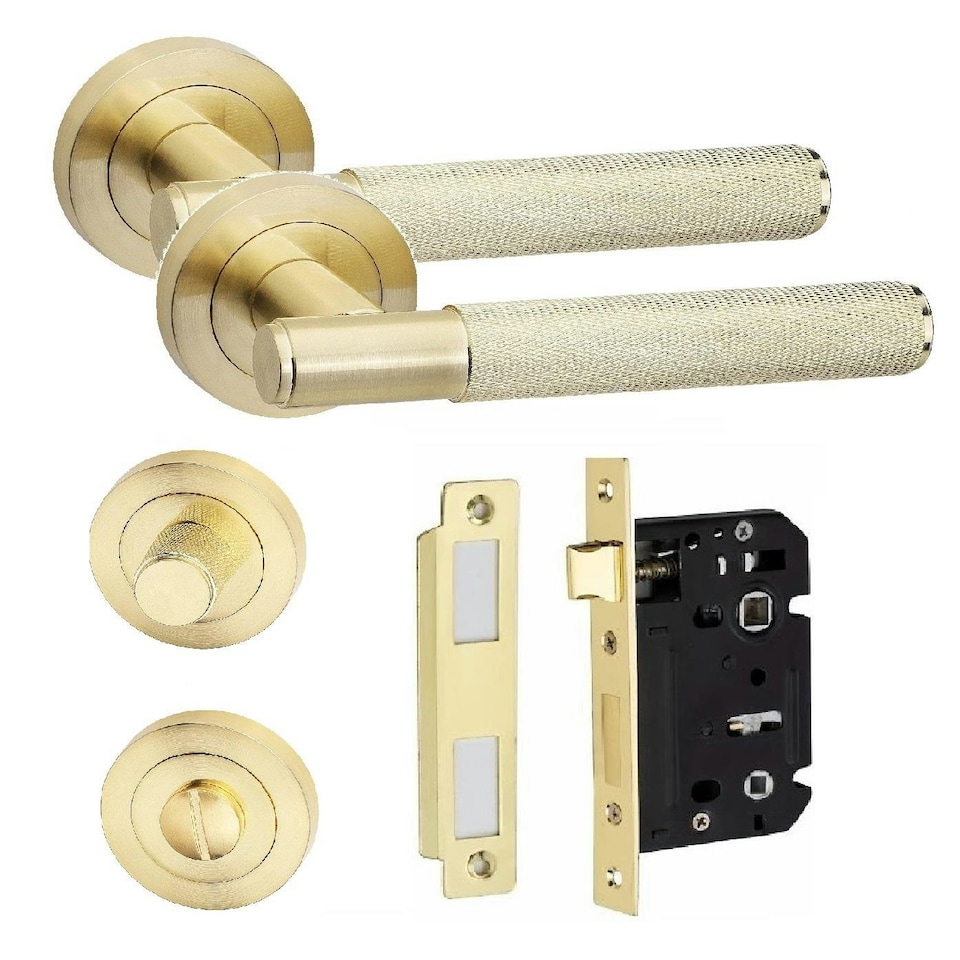image 1 of Golden Grace Knurled T-Bar Bathroom Door Handle Set in Satin Brass with Thumbturn and Mortise Lock Gold