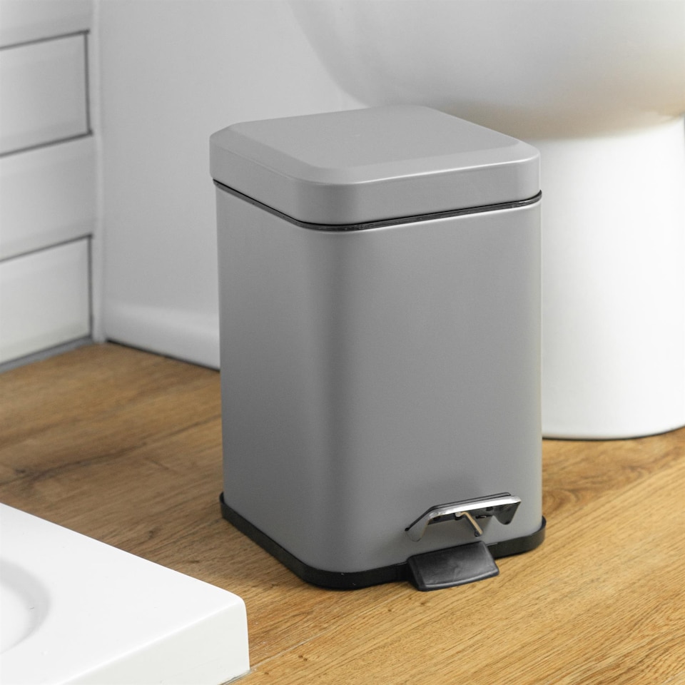 image 1 of Harbour Housewares Bathroom Pedal Bin - 3L - Matt Grey - Square Stainless Steel Slim Rubbish Dustbin Lid and Inner Liner Bucket