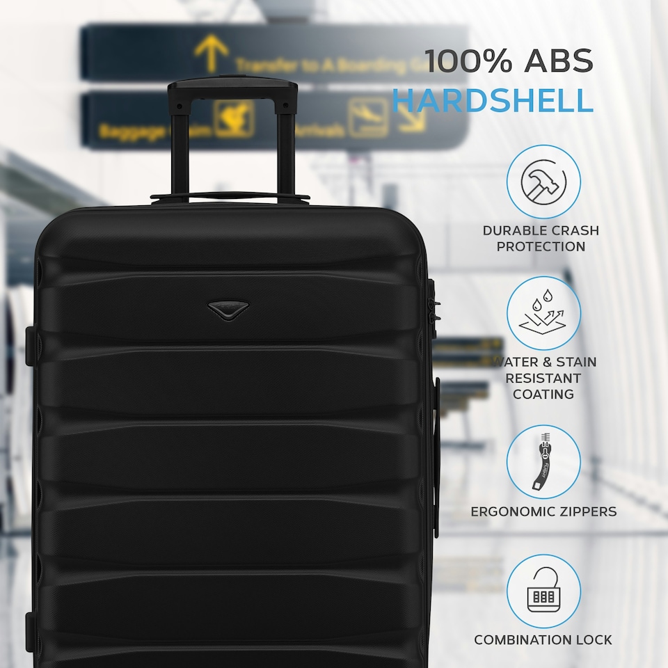 image 1 of Flight Knight 25" 4 Wheel ABS Hard Case Medium Suitcase 100+ Airlines Approved - easyJet, British Airways, Ryanair, Jet2, Emirates & Many More - Check-in | Black | Black Mono | Medium