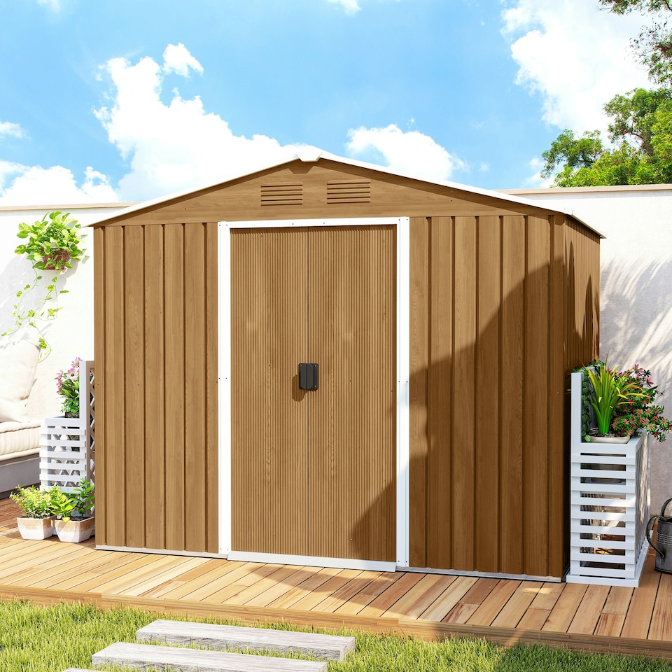 image 1 of Outsunny 8 x 6ft Garden Storage Shed with Double Door Brown Wood Effect 