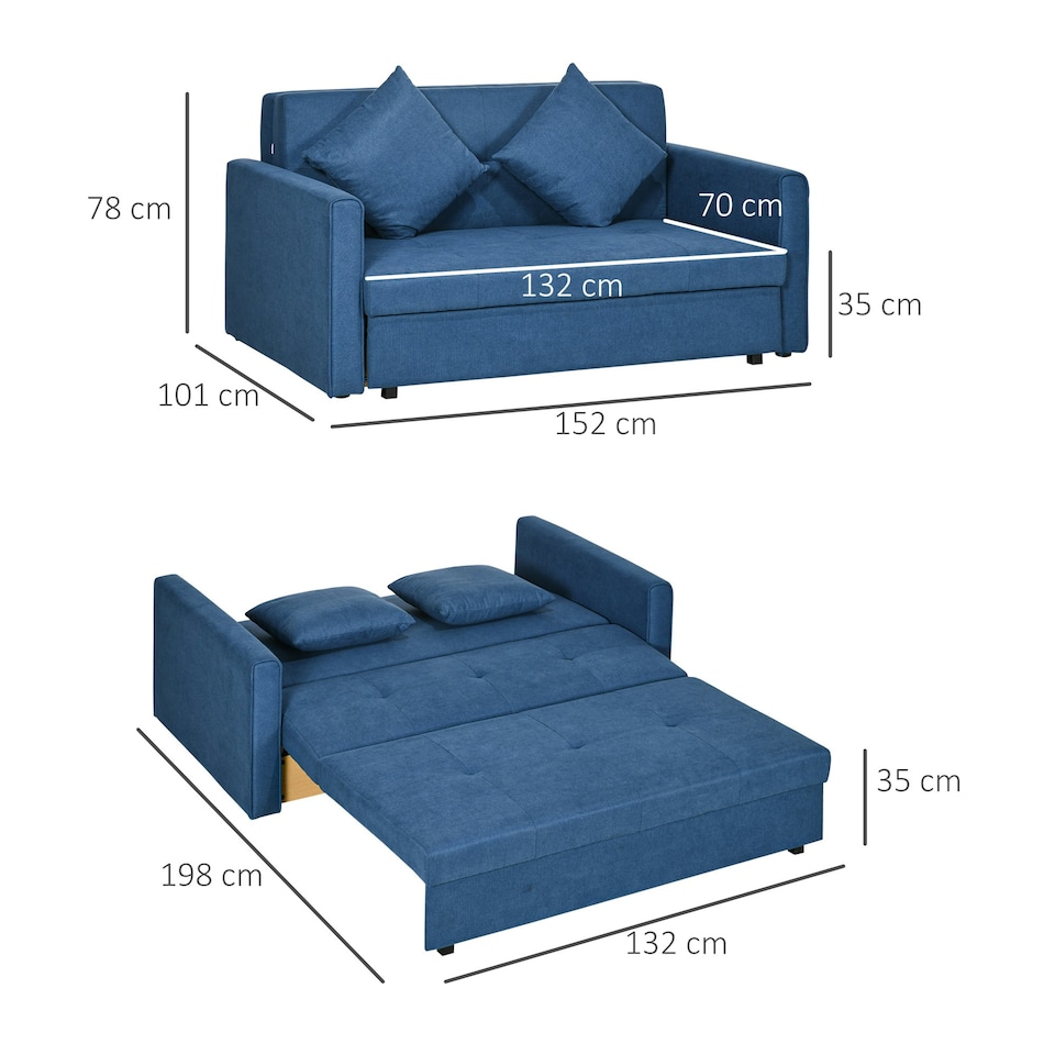 image 1 of HOMCOM 2 Seater Sofa Bed Convertible Bed Settee w/ 2 Cushions Storage Blue