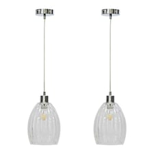 First Choice Lighting Set of 2 Birch Clear Fluted Glass with Chrome Pendant Fittings Chrome | Clear