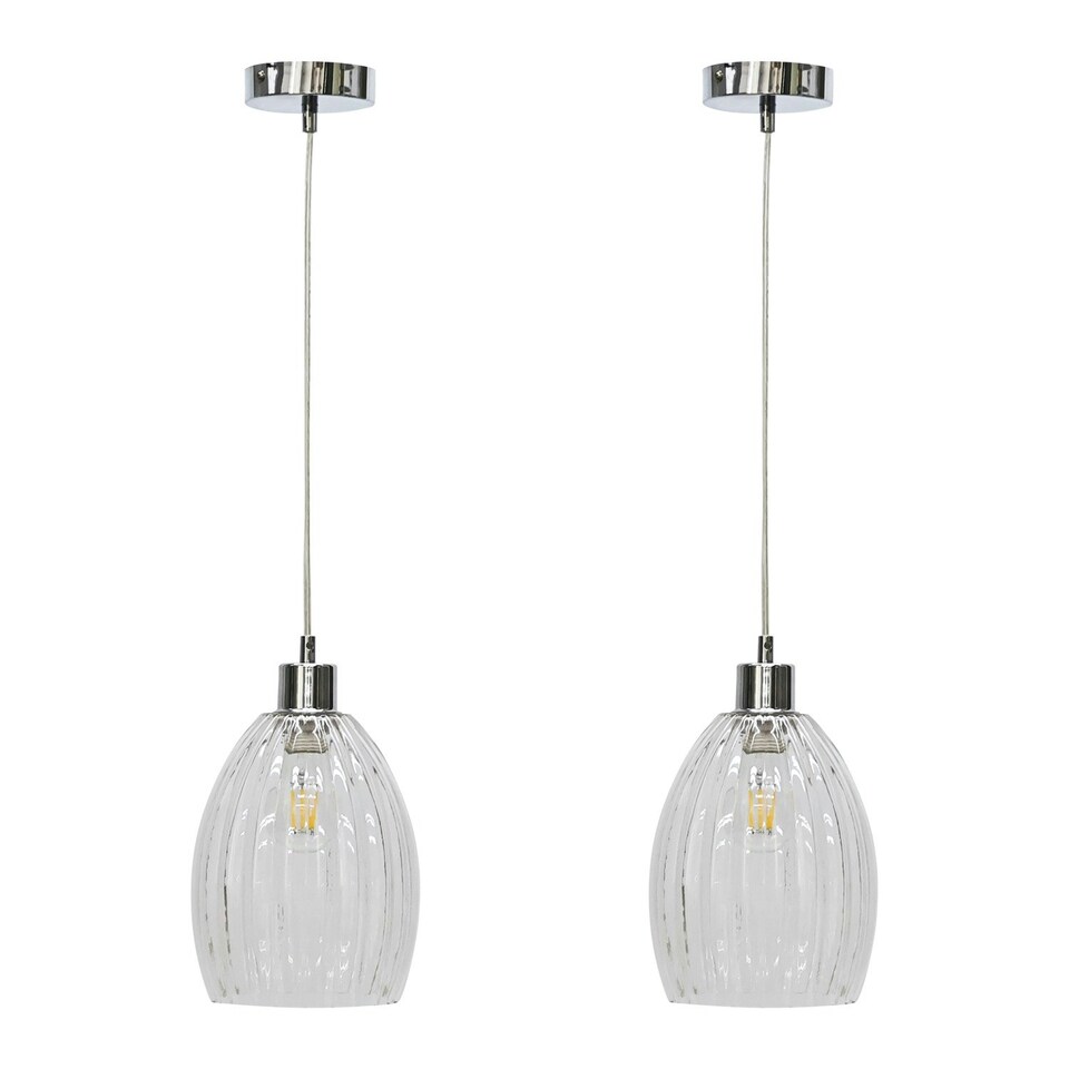 image 1 of First Choice Lighting Set of 2 Birch Clear Fluted Glass with Chrome Pendant Fittings Chrome | Clear