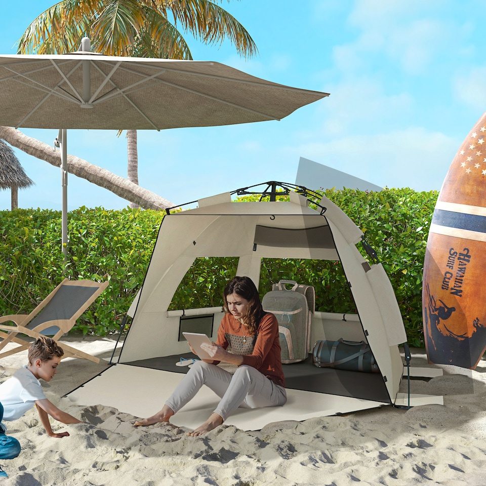 image 1 of Outsunny Pop Up Tent Beach Tent for 23 Person, Easy Set Up Sun Shelter with Extended Floor, Sandbags, Mesh Windows and Carry Bag | Brown