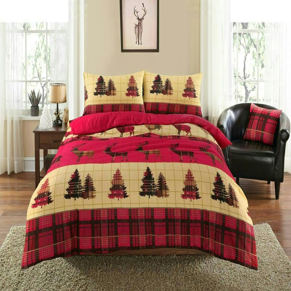 image 1 of Brushed Cotton Tartan Stag Duvet Cover Set - Super King - Red | Red | Super King