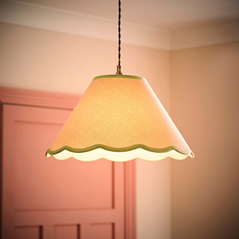 image 1 of ValueLights Florie Natural Large Taper Lamp Shade Scallop Green Trim & Bulb | Green