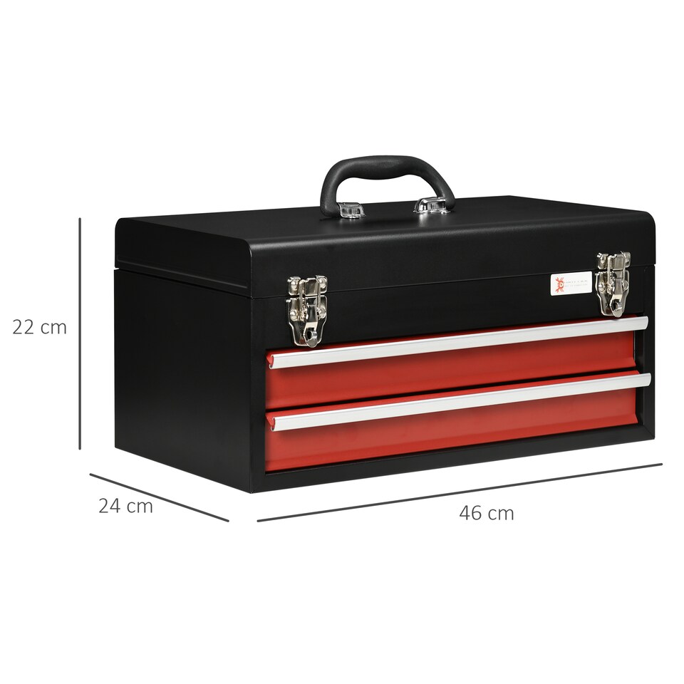 image 1 of DURHAND 2 Drawer Tool Chest, Lockable Metal Tool Bowith Ball Bearing Runners, Portable Toolbox, 460mm 240mm 220mm, Black | Black | Red | 1