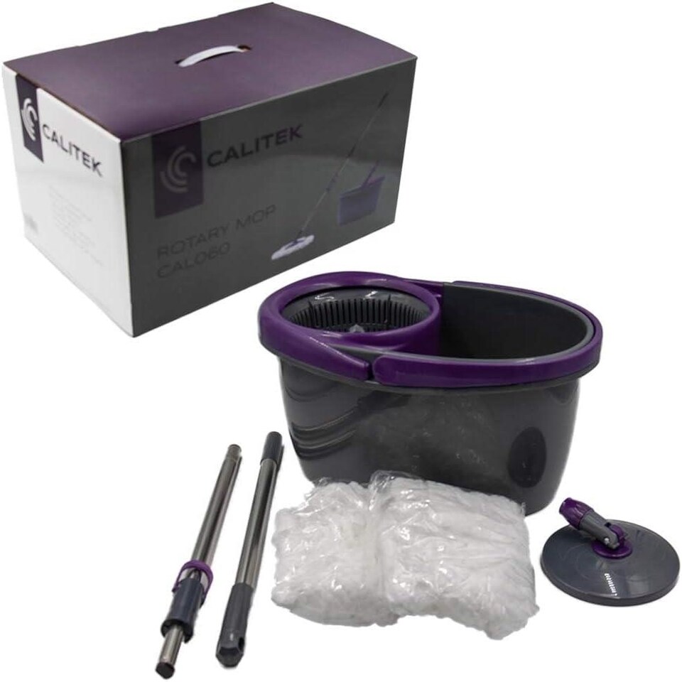 image 1 of Calitek 360° Rotating Spin Mop and Bucket Set with 2 Microfibre Heads Grey