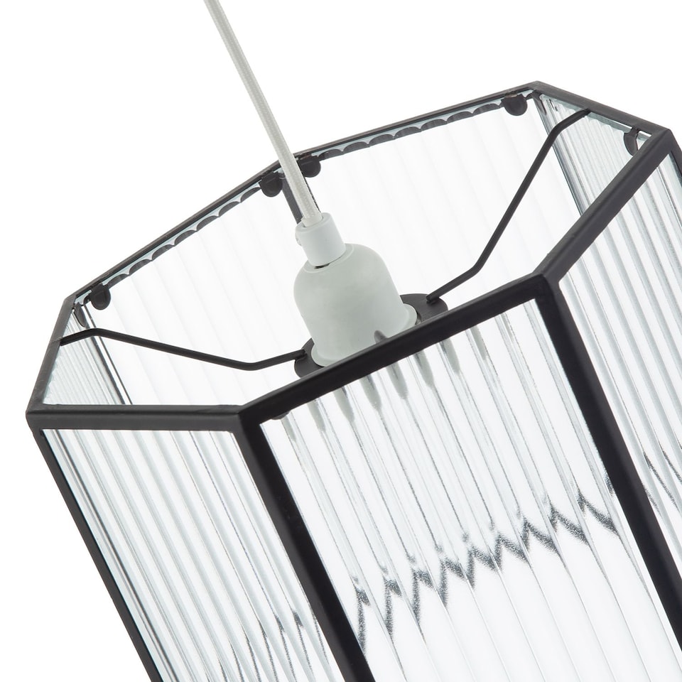 image 1 of Vintage Industrial Lantern Pendant Shade in Black with Ribbed Glass | Black