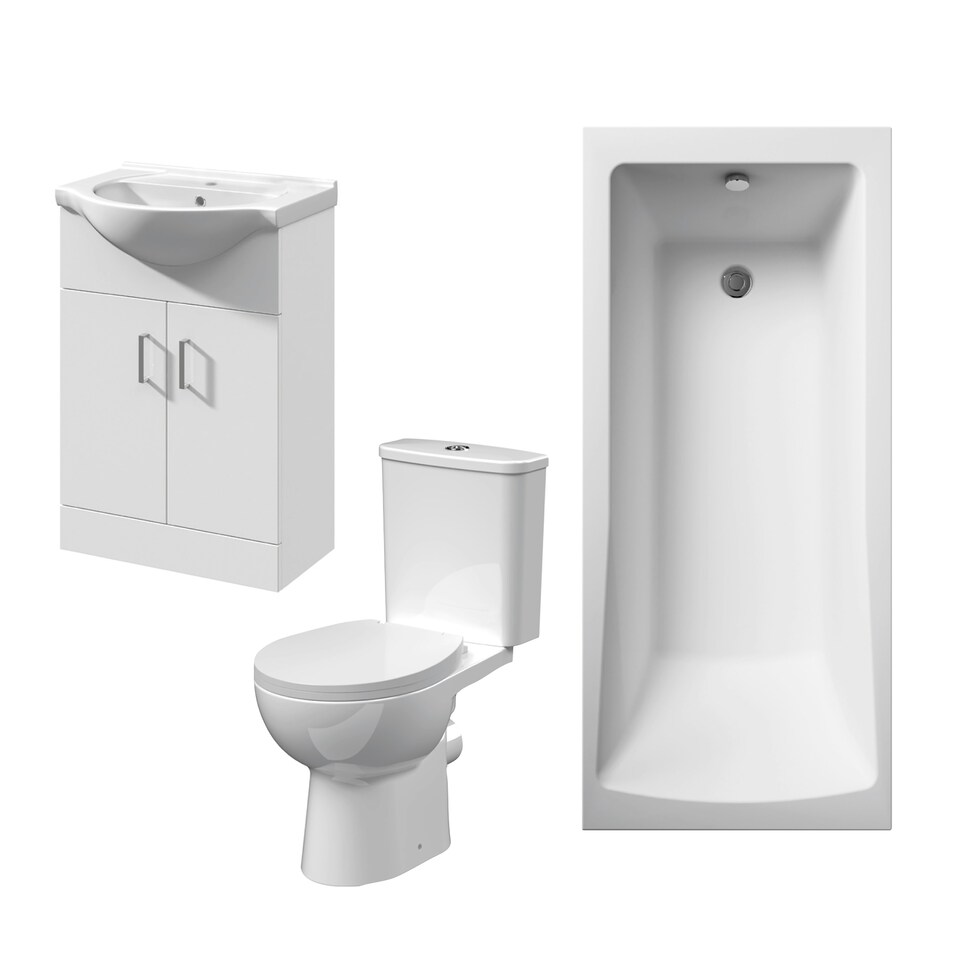 1700mm Bathroom Suite with Square Single Ended Bath Tub, Front Panel, 550mm Vanity Basin Unit and Toilet and Seat - Gloss White White