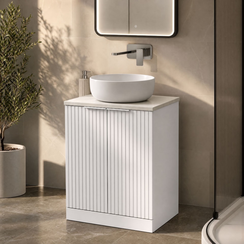 image 1 of Balterley Callingwood Contemporary Floor Standing 2 Door Vanity Unit with Marble Plaster Laminate Worktop , 600mm, Matt White