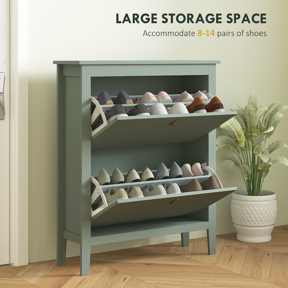 image 1 of HOMCOM 2 Drawer Shoe Cabinet with Flip Doors, Narrow Shoe Storage Cabinet with Removable and Adjustable Shelves, 14 Pairs Footwear Cupboard for Hallway, Entryway, 80 x 24 x 95.5 cm, Green | Green | 1