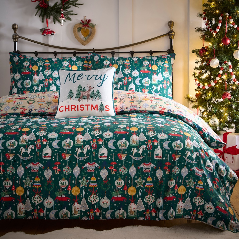 image 1 of Fusion Christmas Ornaments Duvet Cover Set Green