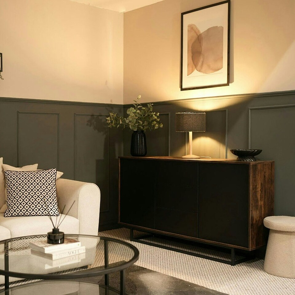 image 1 of ValueLights Triston Oak Effect Natural Table Lamp with Small Drum Shade and LED Bulb