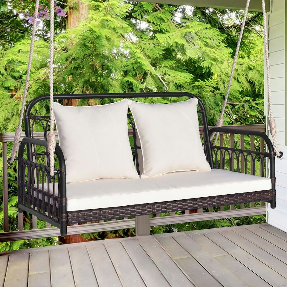 image 1 of COSTWAY 2-Person Patio Wicker Swing Chair Hanging Bench w/Cushions | White
