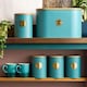image 2 of Cooks Professional 5 Piece Ribbed Tea, Coffee, Sugar, Biscuit & Bread Cannisters with Bamboo Lids | Stainless Steel Kitchen Storage Bins | Teal & Gold