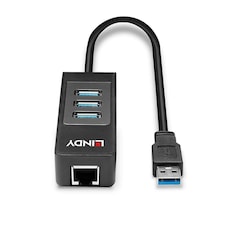 LINDY USB 3.1 Type A to Gigabit LAN 3 Port Type A Hub Adapter for Ultrabook and Tablet, Black