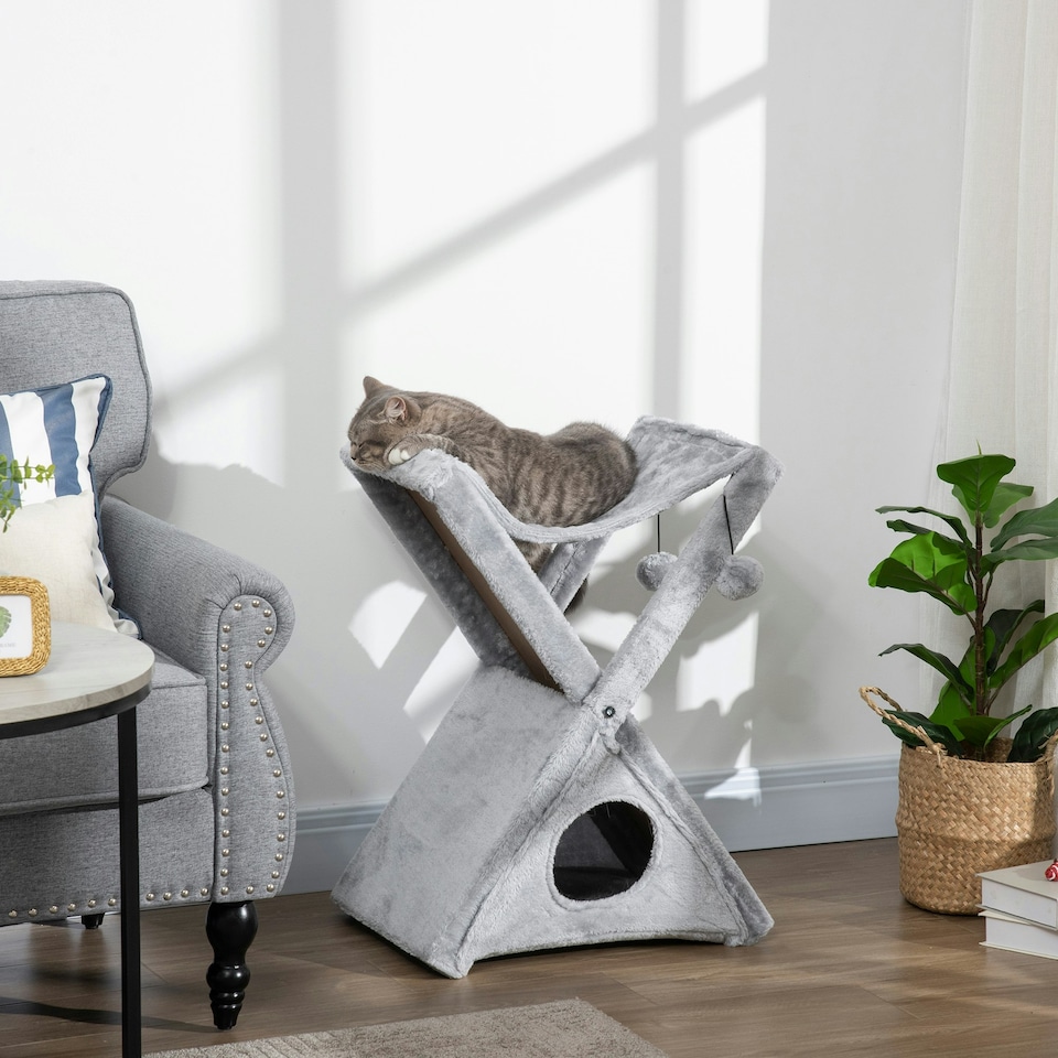 image 1 of PawHut Two Tier Plush Folding Cat Tree Tower with Scratching Post Grey