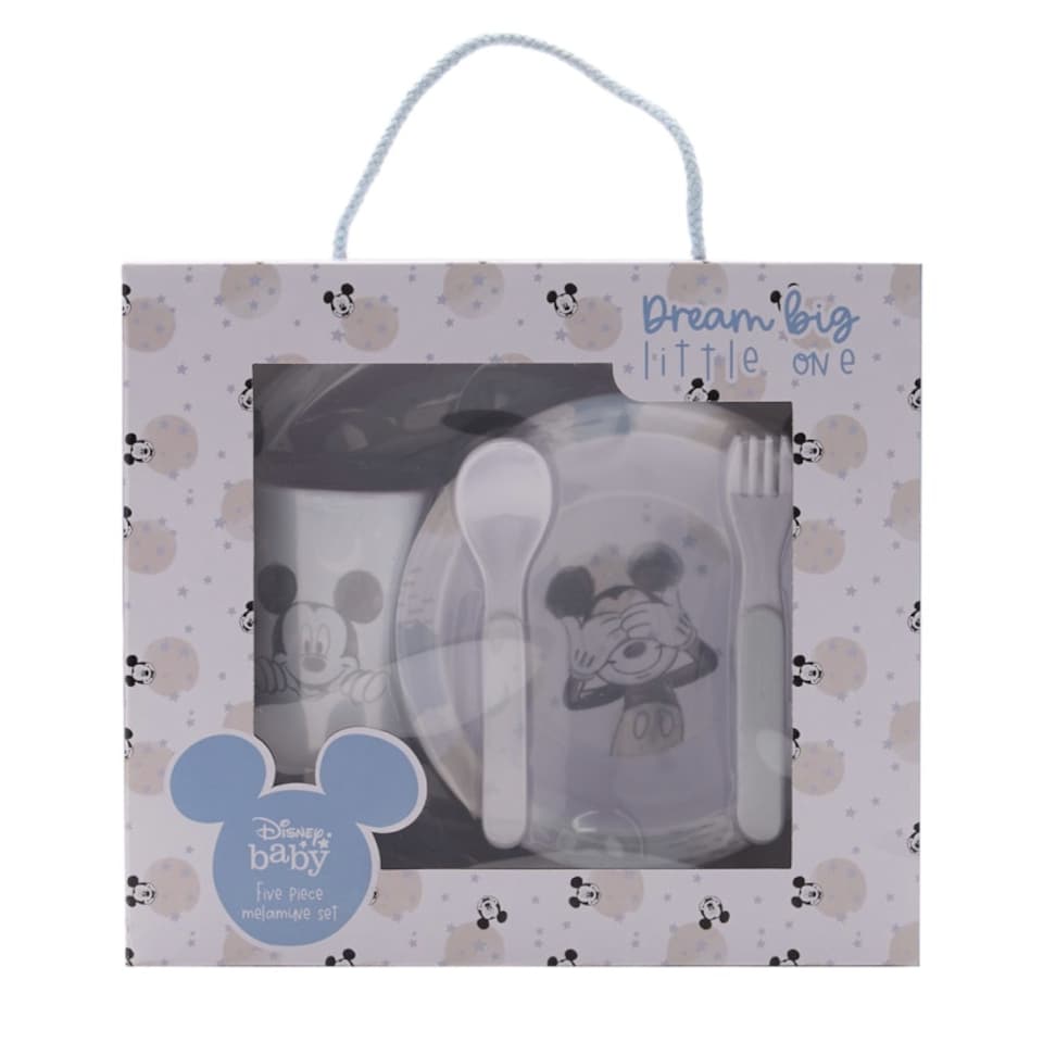 image 1 of Disney Mickey Baby 5 Piece Melamine Feeding Set Cup Bowl Plate Cutlery Blue