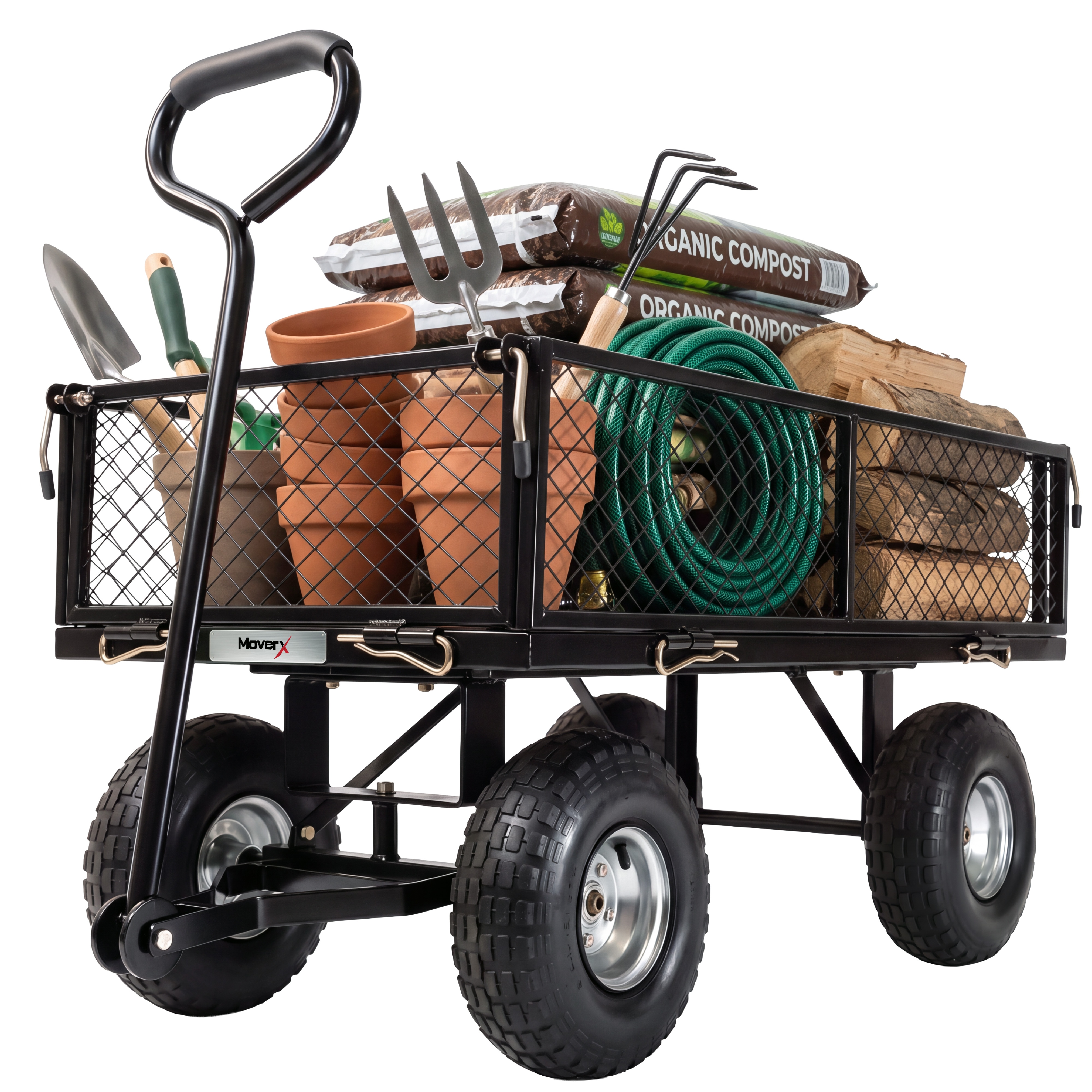 MoverX 250KG Garden Trolley Heavy-Duty Wagon, Folding Sides, Rubber Wheels