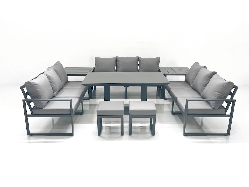 image 1 of Fimous 11 Seater Garden Sofa Set Aluminium Furniture Rising Dining Tabe Set with 2 Side Tables 2 Small Footstools Dark Grey