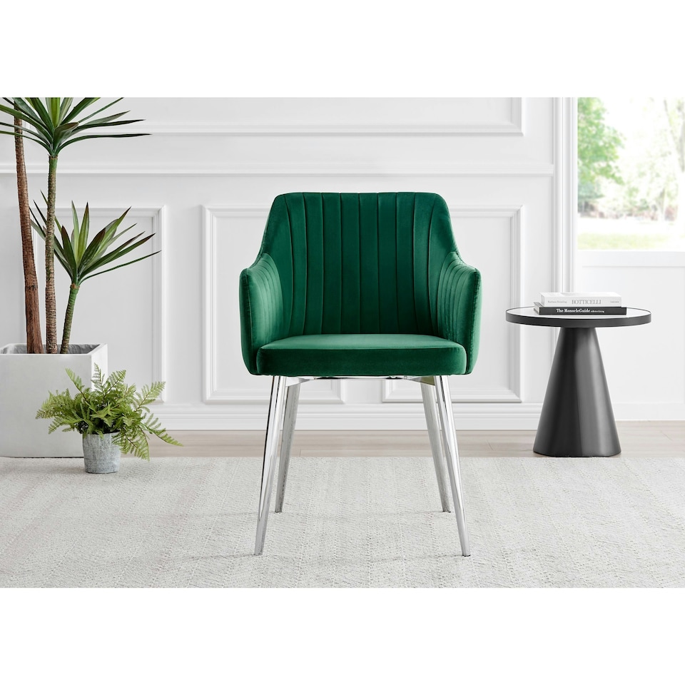 image 1 of Furniturebox 2x Calla Green Velvet Dining Chairs with Silver Chrome Legs